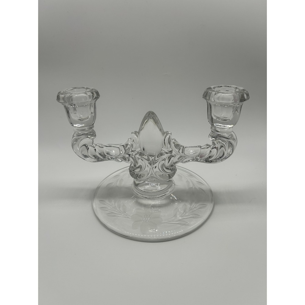 New Martinsville Glass Candelabra Double Light Etched Floral Clear 2-Arm Holder